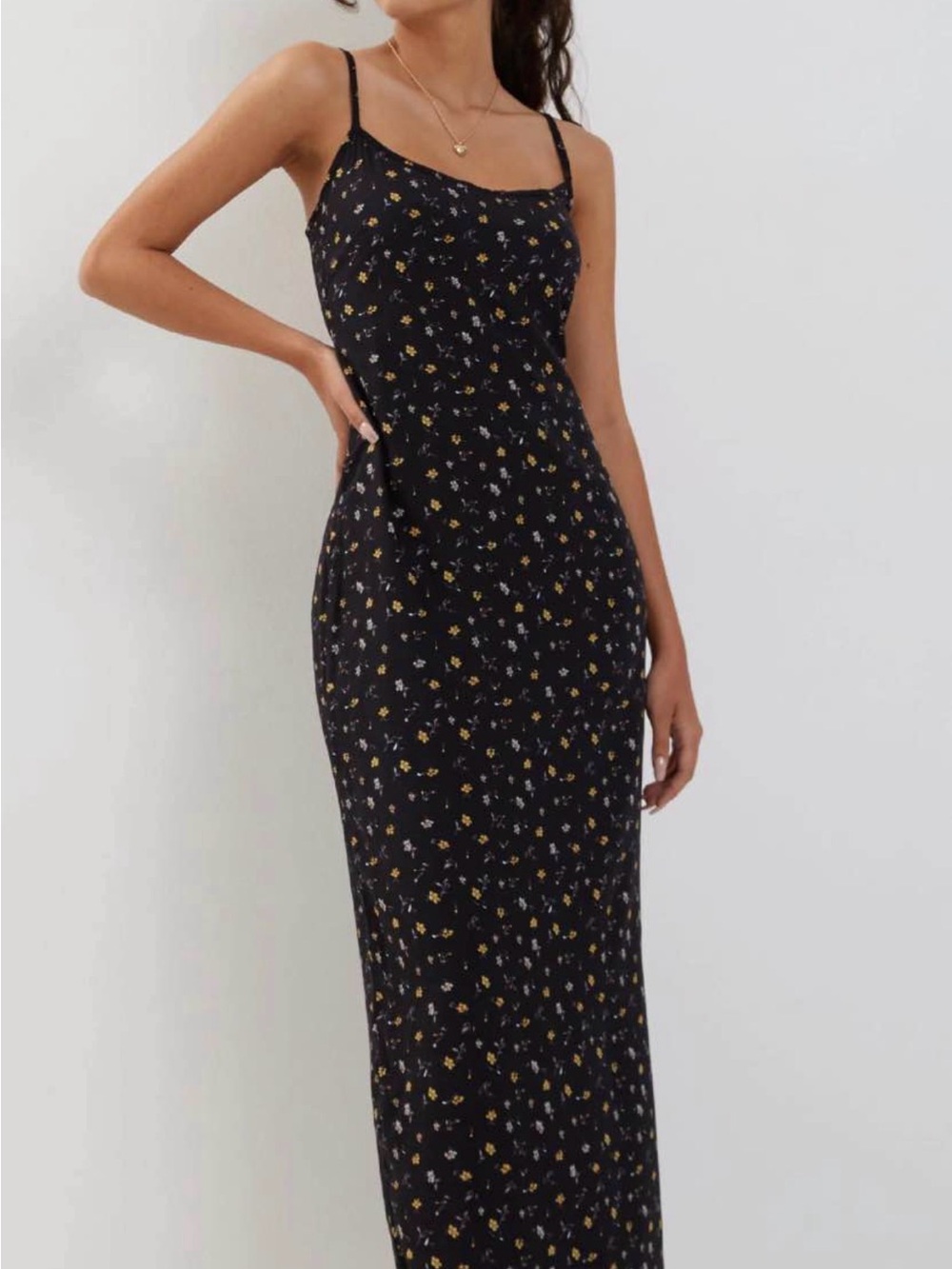 Motel Rocks Black Floral Slip Maxi Dress with Yellow and Light Blue Flowers